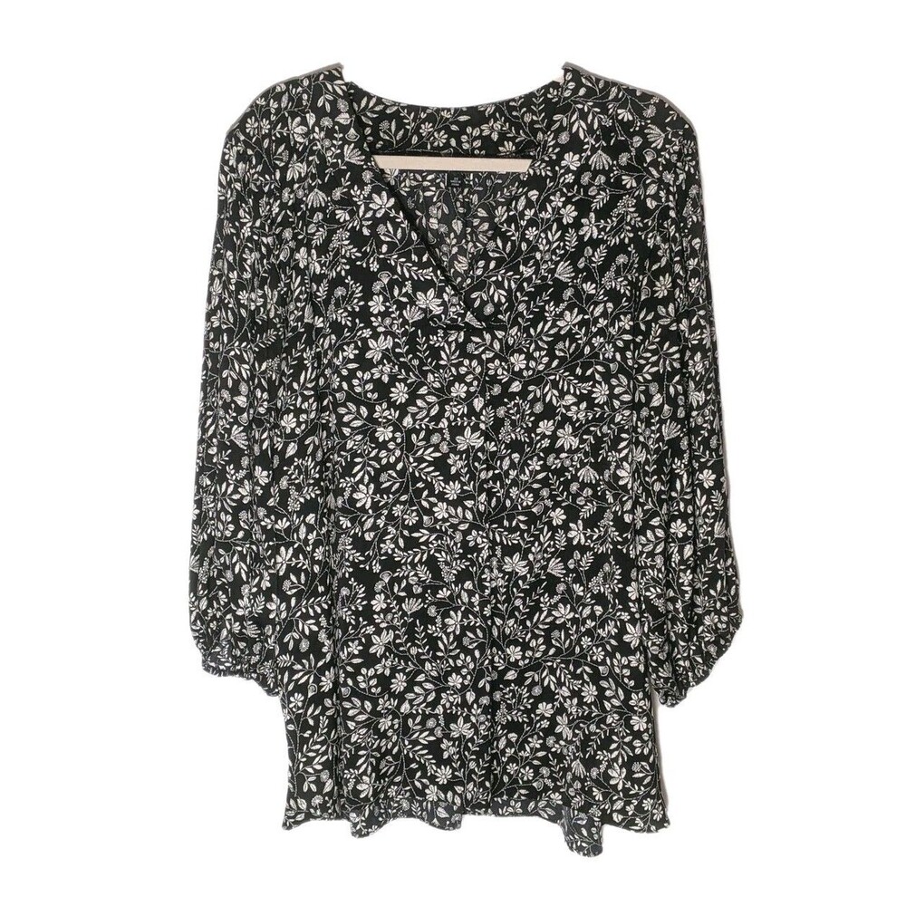 Zac & Rachel Blouse Tunic Top Plus 3X Black Ivory Floral Office V Neck Career